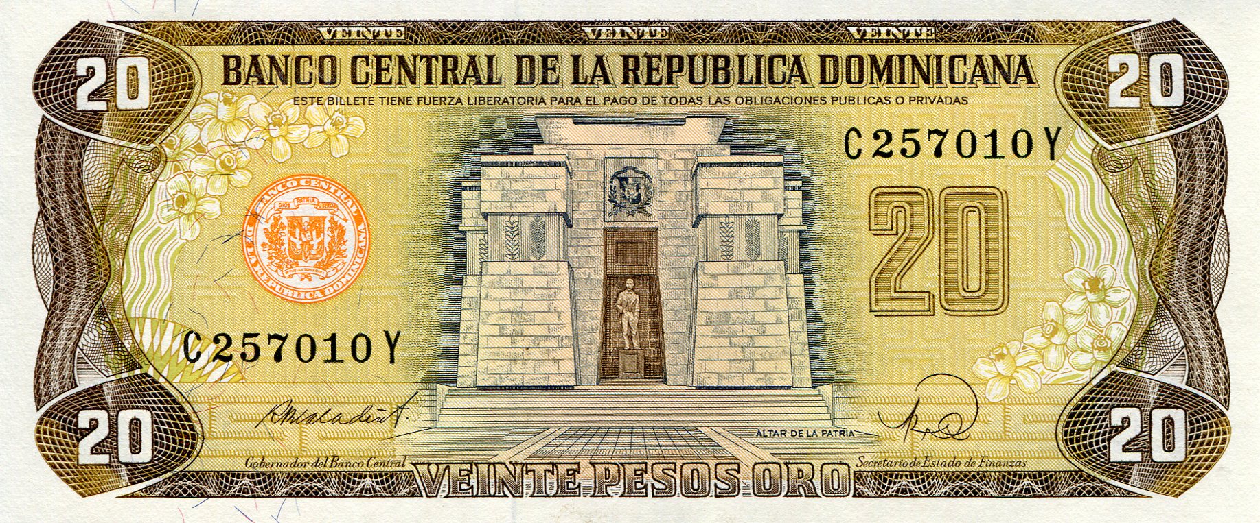 Dominican Republic 20 Pesos Oro aUNC pick #: 120h