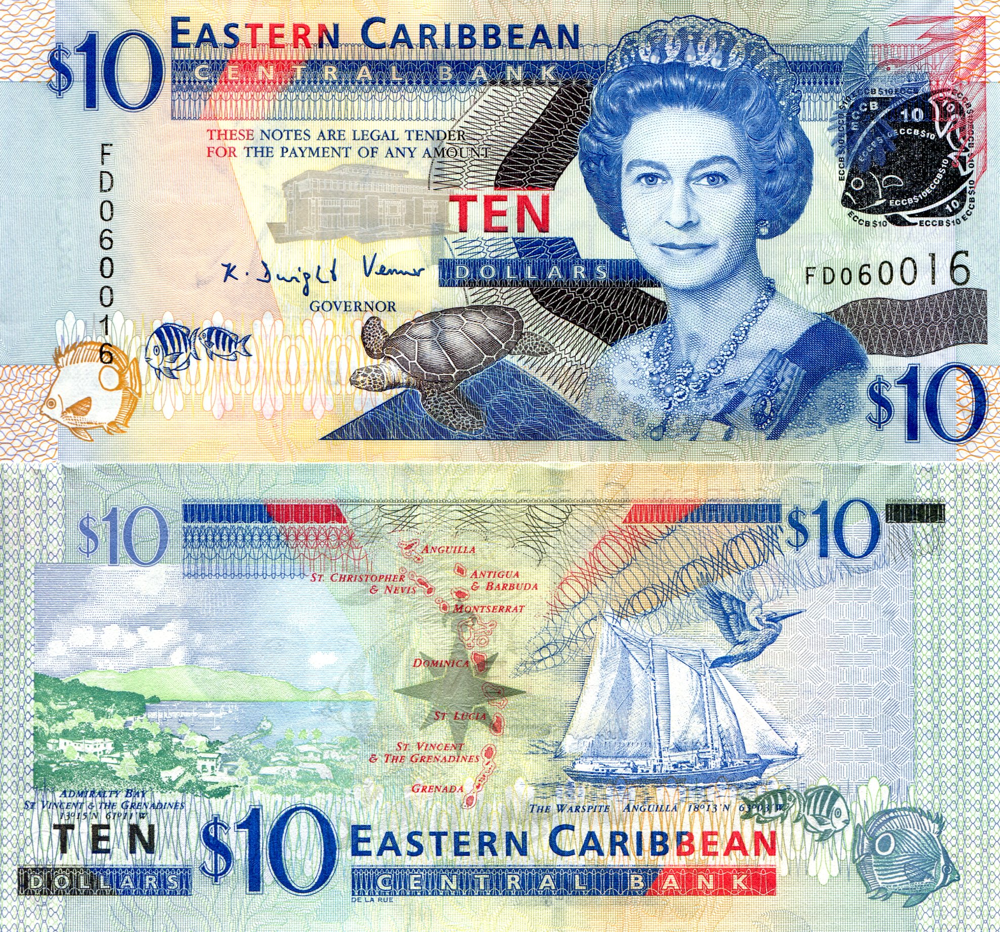 Eastern Caribbean States 10 Dollars aUNC (rough top edge) pick #: 48