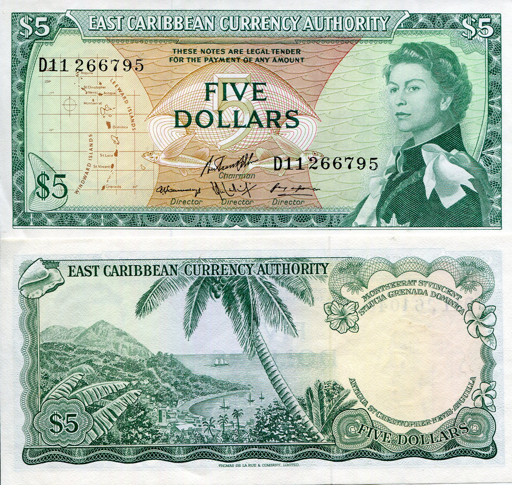 Eastern Caribbean States 5 Dollars aUNC (very minor corner issue) pick #: 14h