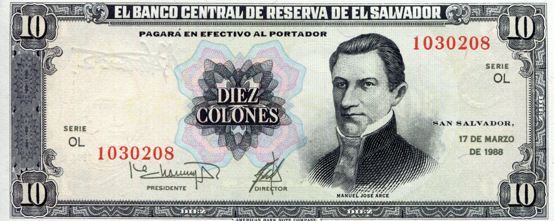 El Salvador 10 Colones aUNC (see large scan) pick #: 135b