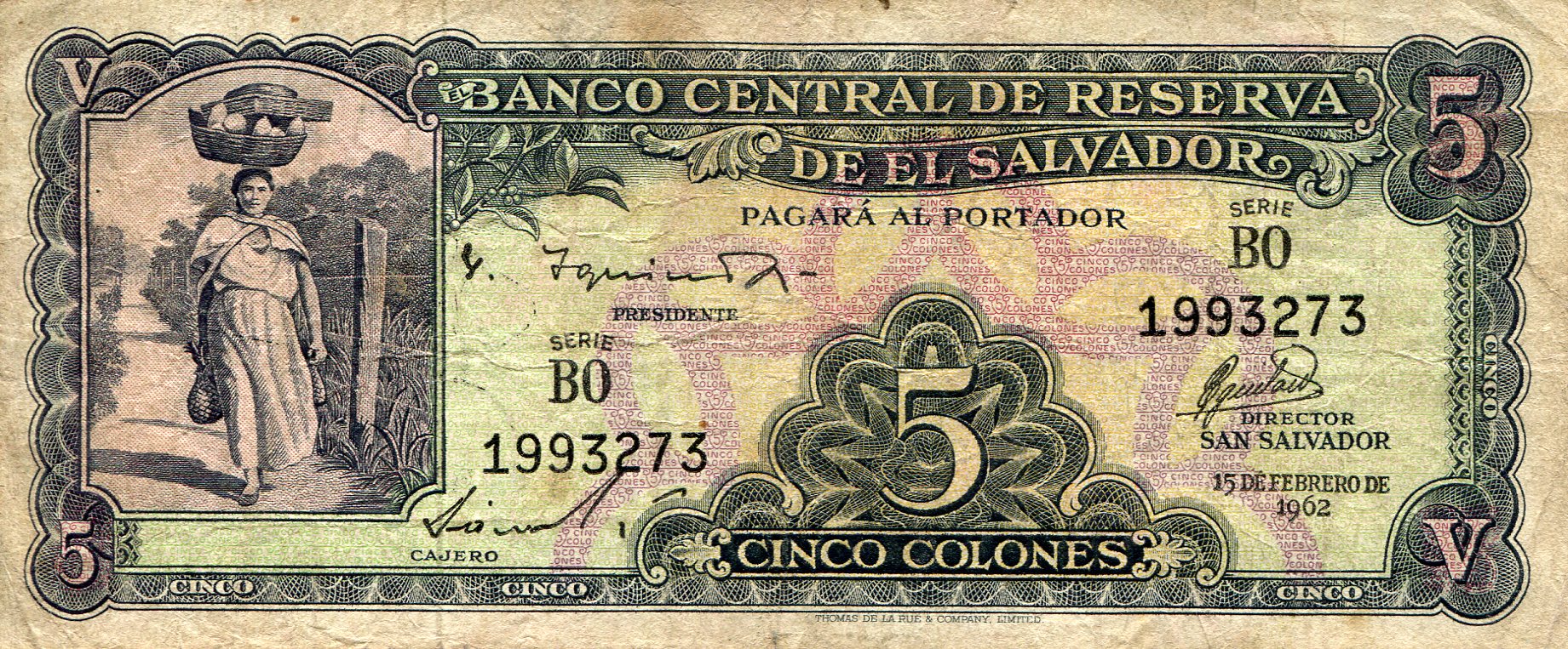 El Salvador 5 Colones VG (See large scan) pick #: 102a