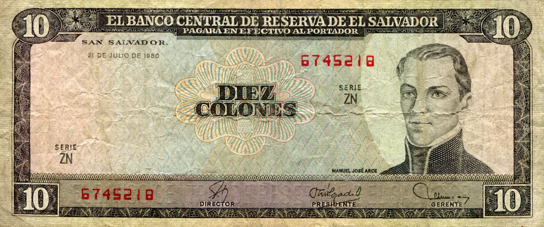 El Salvador 10 Colones F/VG (see large scan) pick #: 129b