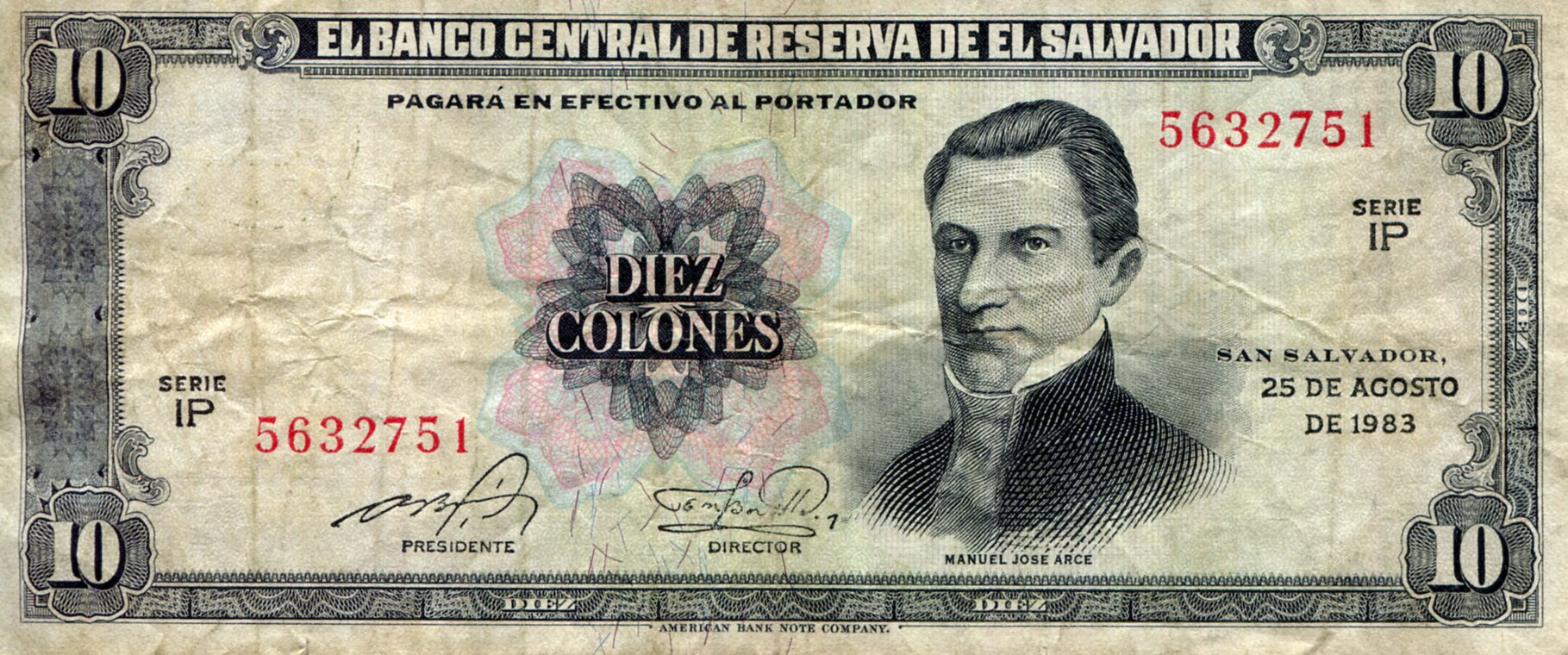 El Salvador 10 Colones F/VG (see large scan) pick #: 135a