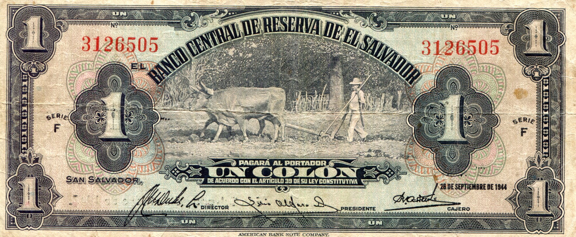 El Salvador 1 Colon  VG (see large scan) pick #: 83a