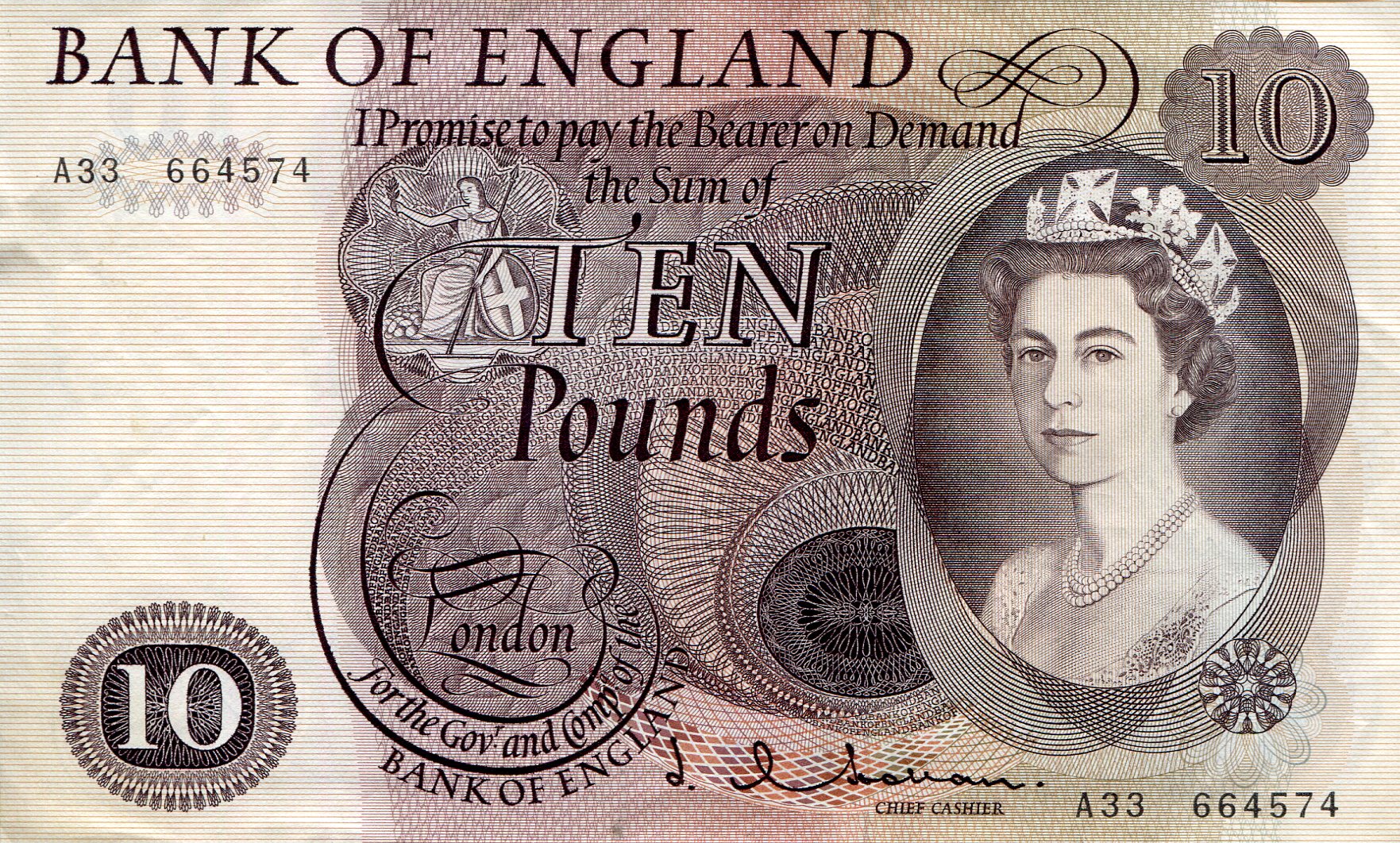 England 10 Pounds XF (see large scan) pick #: 376a