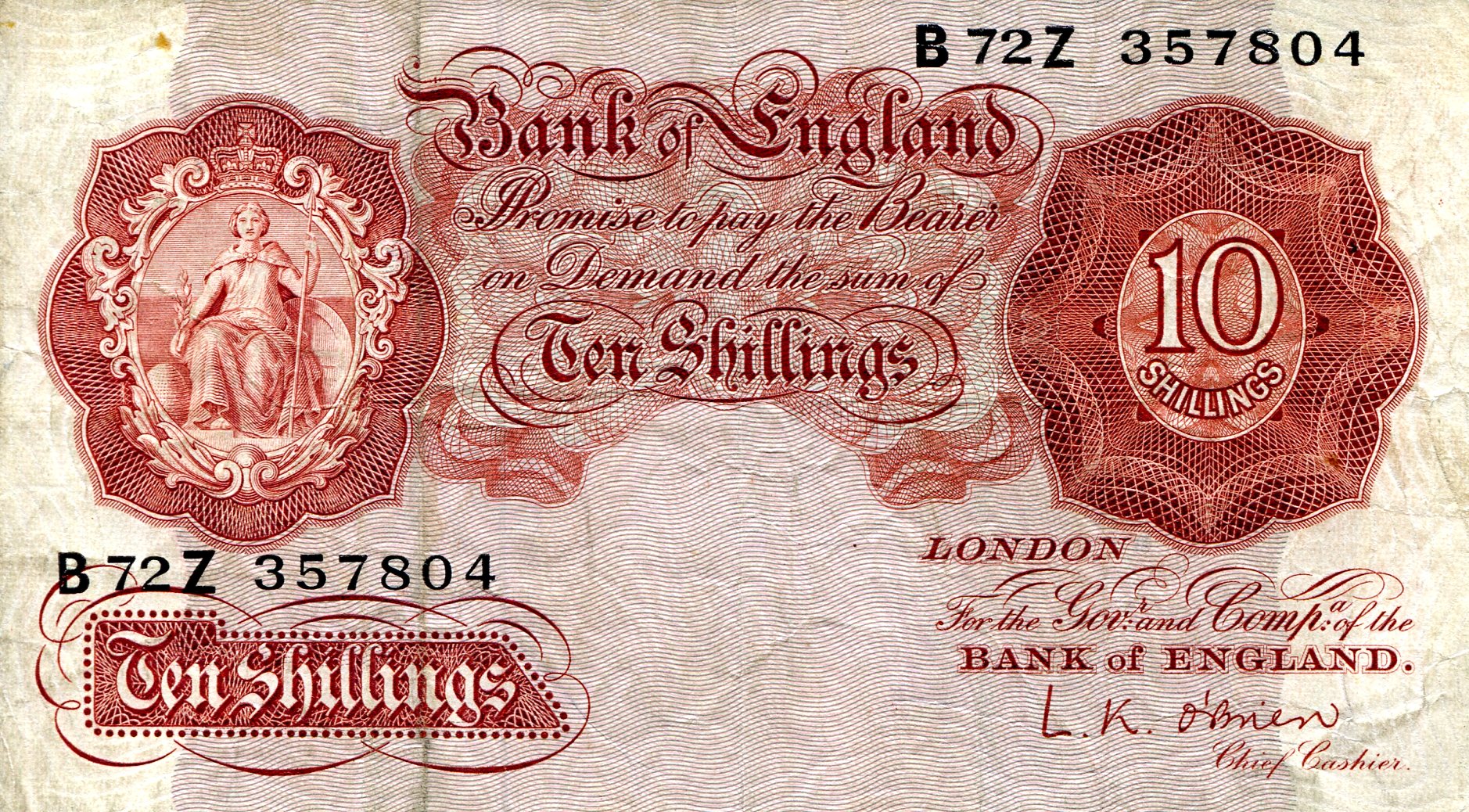 England 10 Shillings VG+ (see scan) pick #: 368c