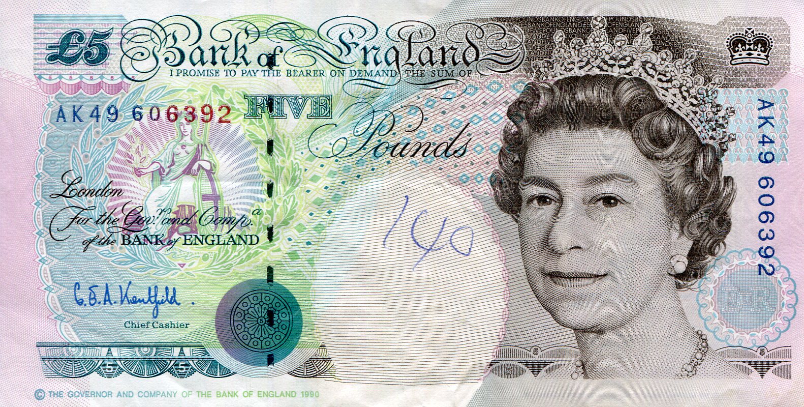 England 5 Pounds VF (see large scan - writing) pick #: 382Aa