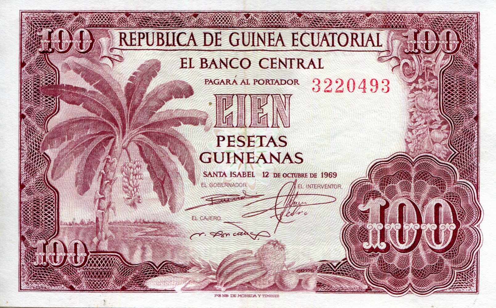 Equatorial Guinea 100 Pesetas aUNC/XF (see large scan) pick #: 1a