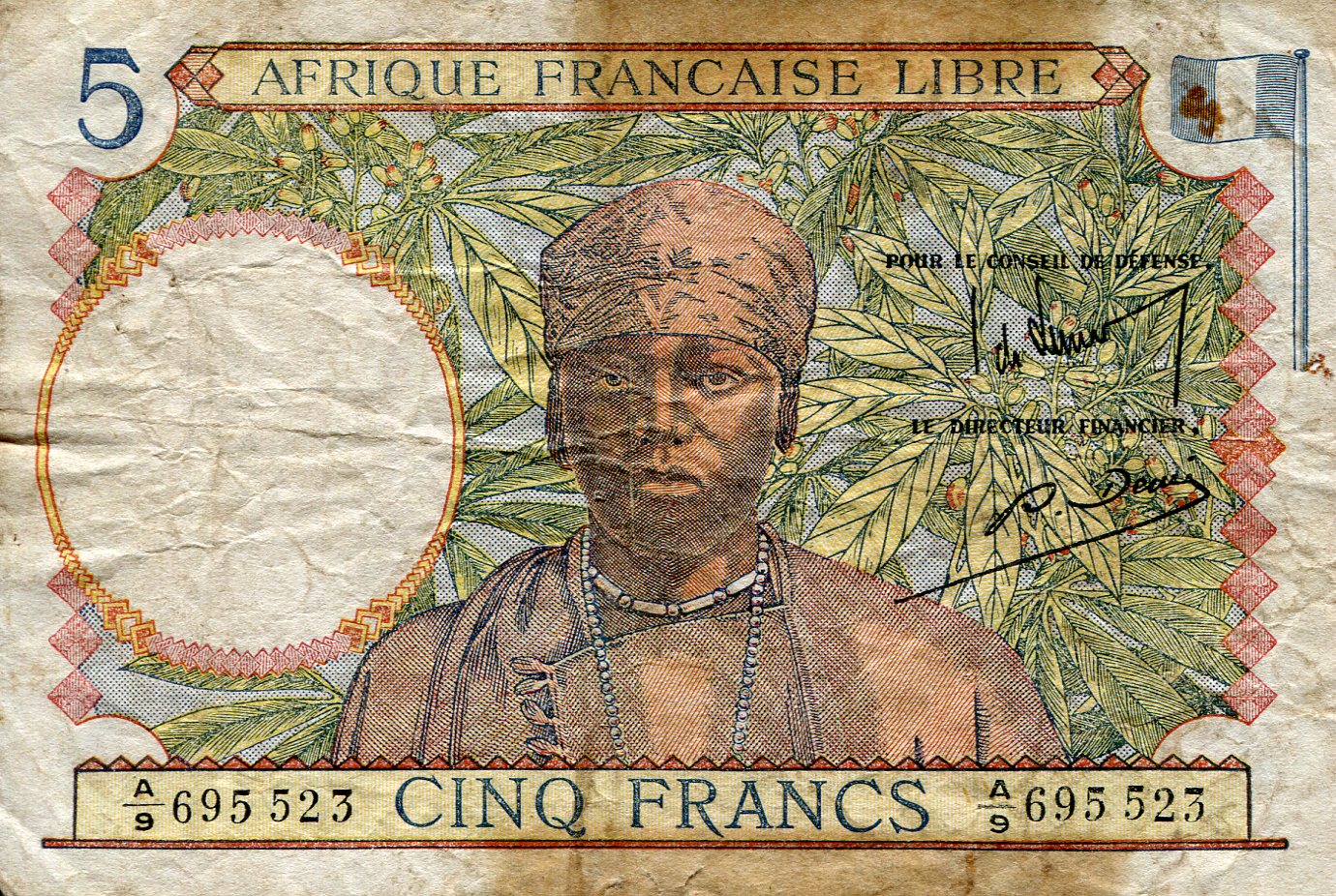 French Equatorial Africa 5 Francs G (see large scan) pick #: 6a