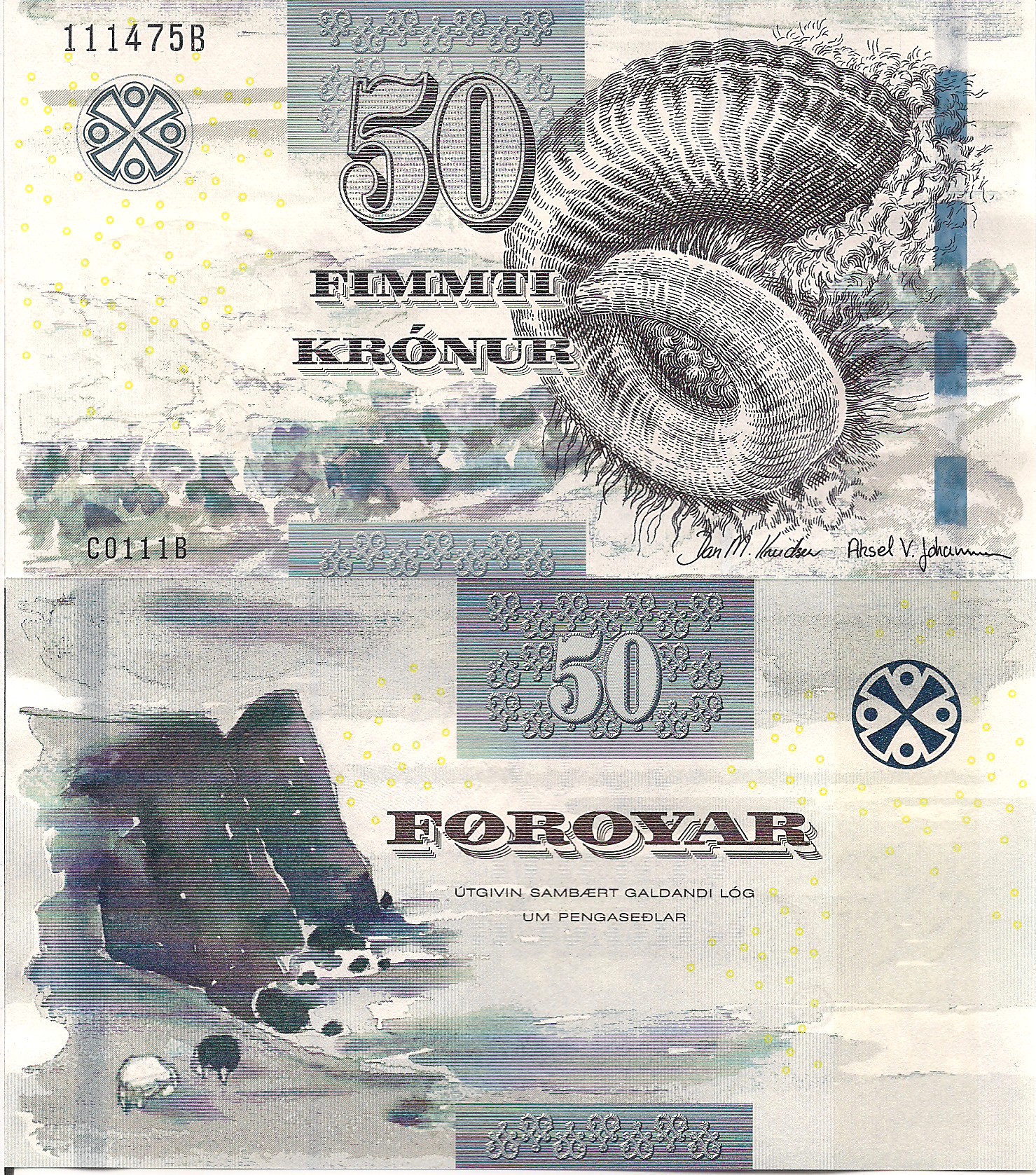 Faeroe Islands 50 Kronur UNC (doesn't lay flat) pick #: 29a