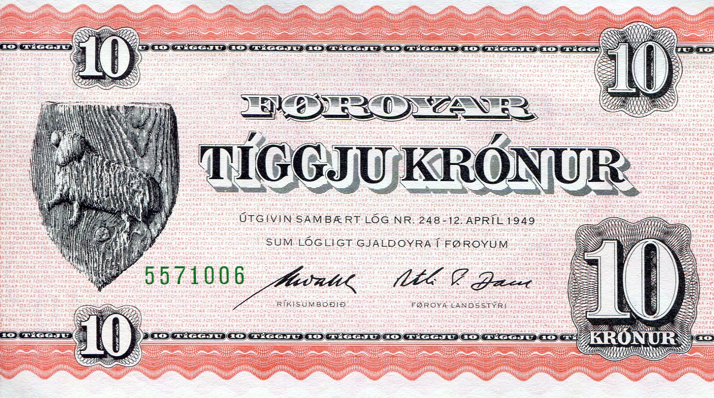 Faeroe Islands 10 Kronur UNC pick #: 14d