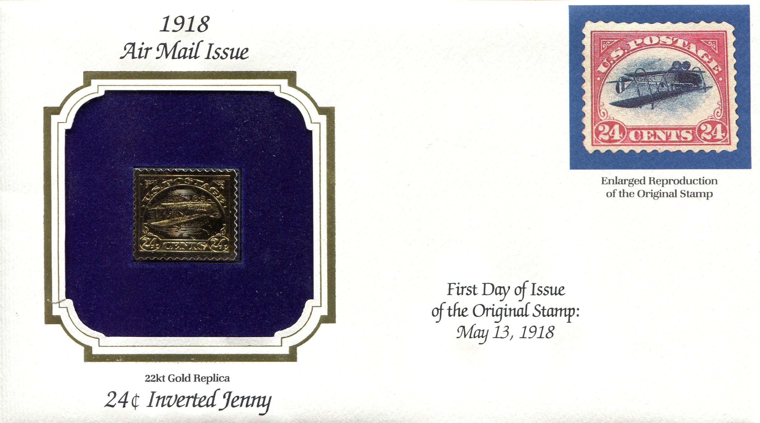USA - Stamps 24 Cents Inverted Jenny - 1918 Enlarged Reproduction of original Stamp (22Kt Gold Replica)Stamp