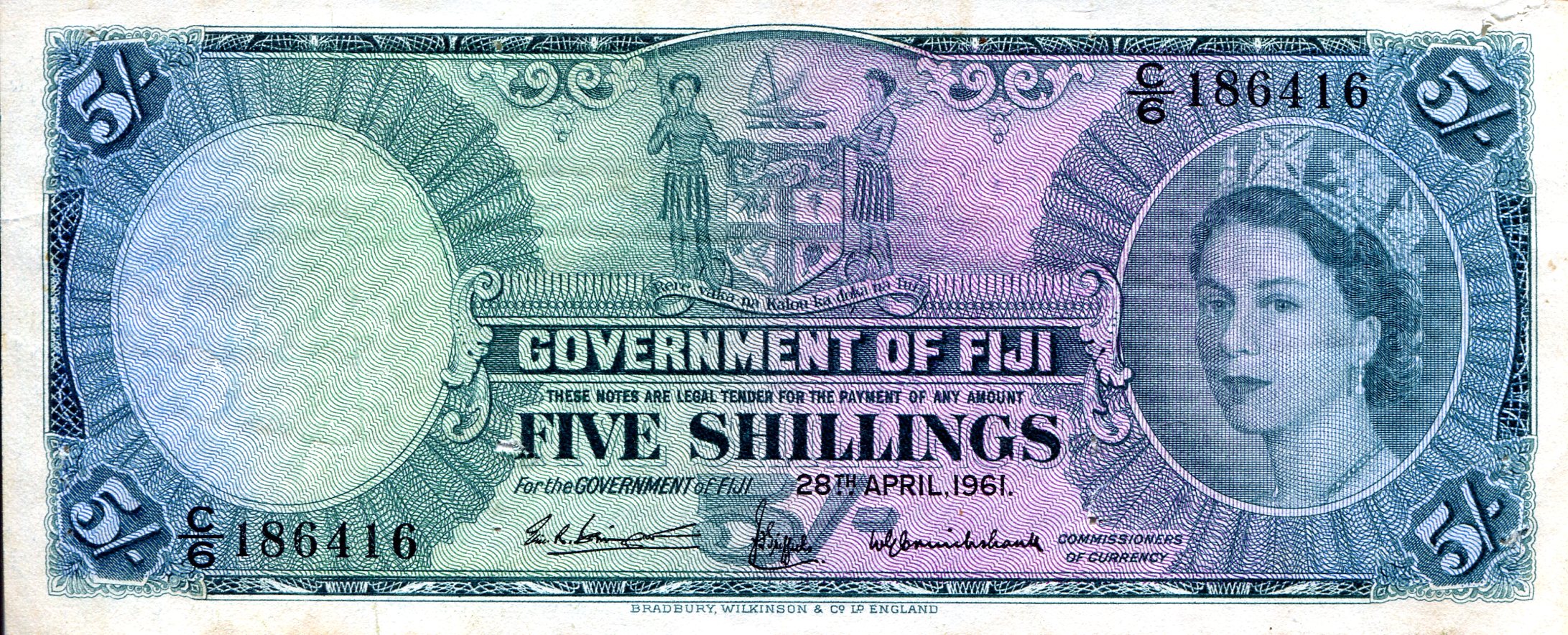 Fiji 5 Shillings F/VG (see scan) PINHOLES pick #: 51b