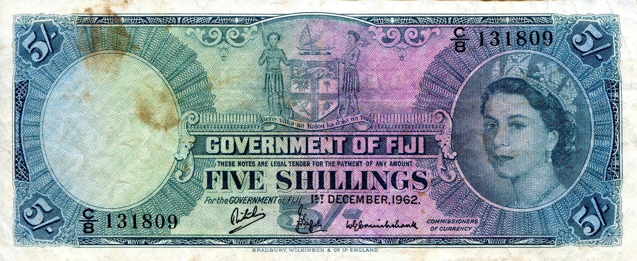 Fiji 5 Shillings F (see large scan) Dirt Marks pick #: 51c