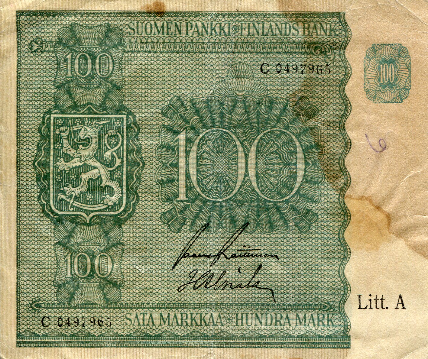 Finland 100 Markkaa F (Stain/writing - See large scan) pick #: 80