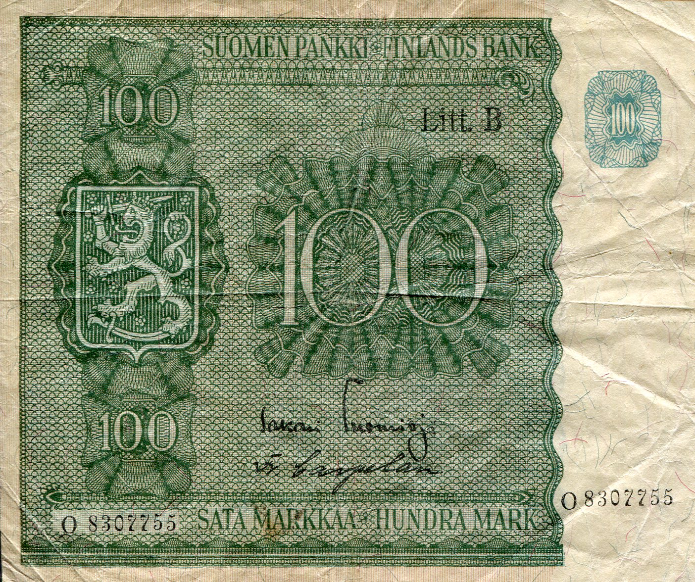 Finland 100 Markkaa F (Stain/folding - See large scan) pick #: 88
