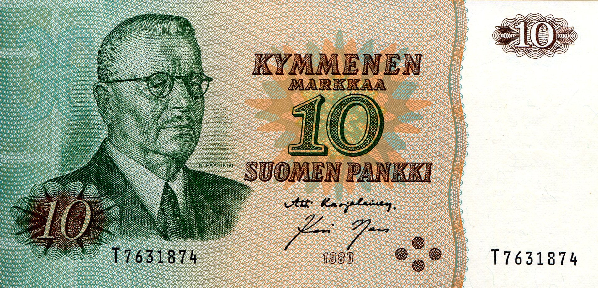 Finland 10 Markkaa aUNC pick #: 111a