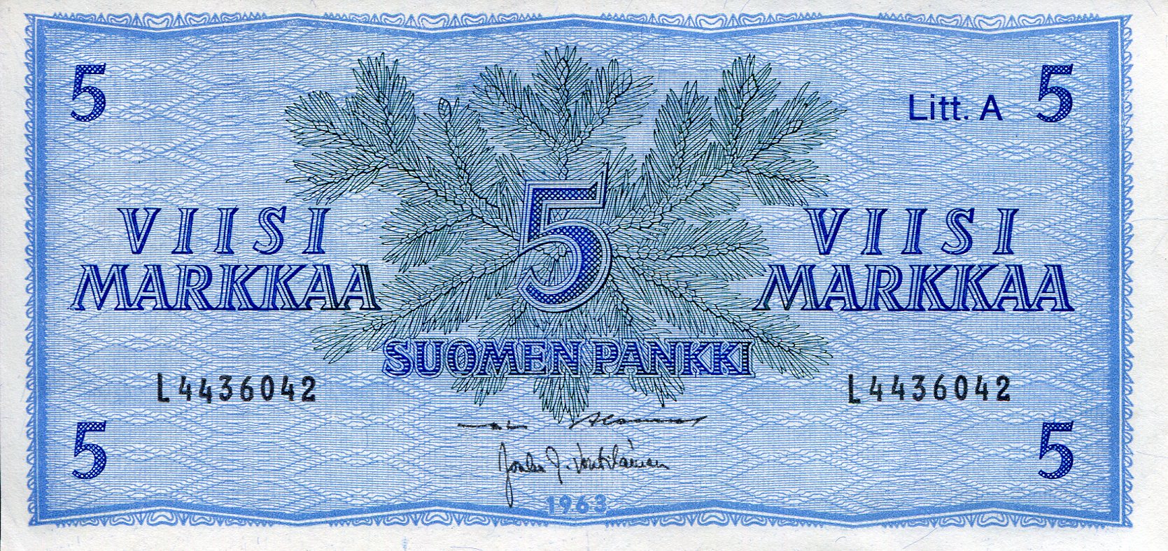 Finland 5 Markkaa UNC pick #: 103a