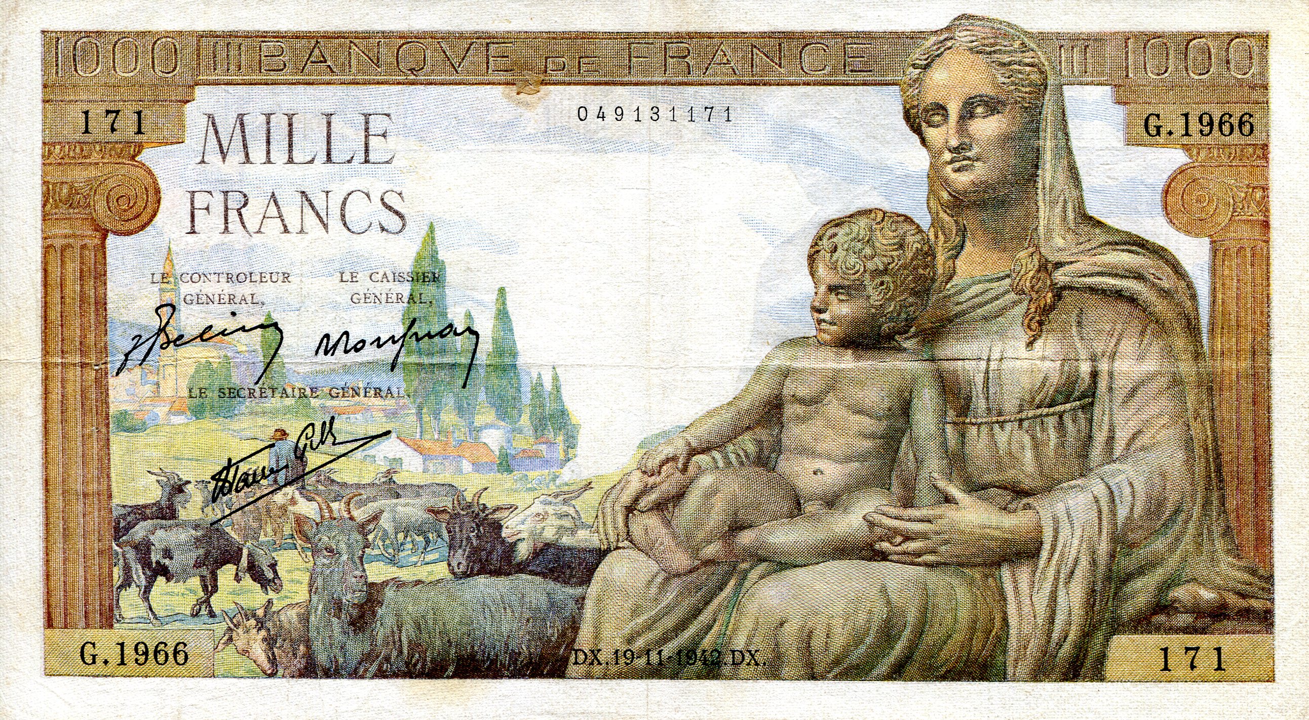 France 1000 Mille Francs VF (see large scan) Staple Holes - Very thin paper pick #: 102