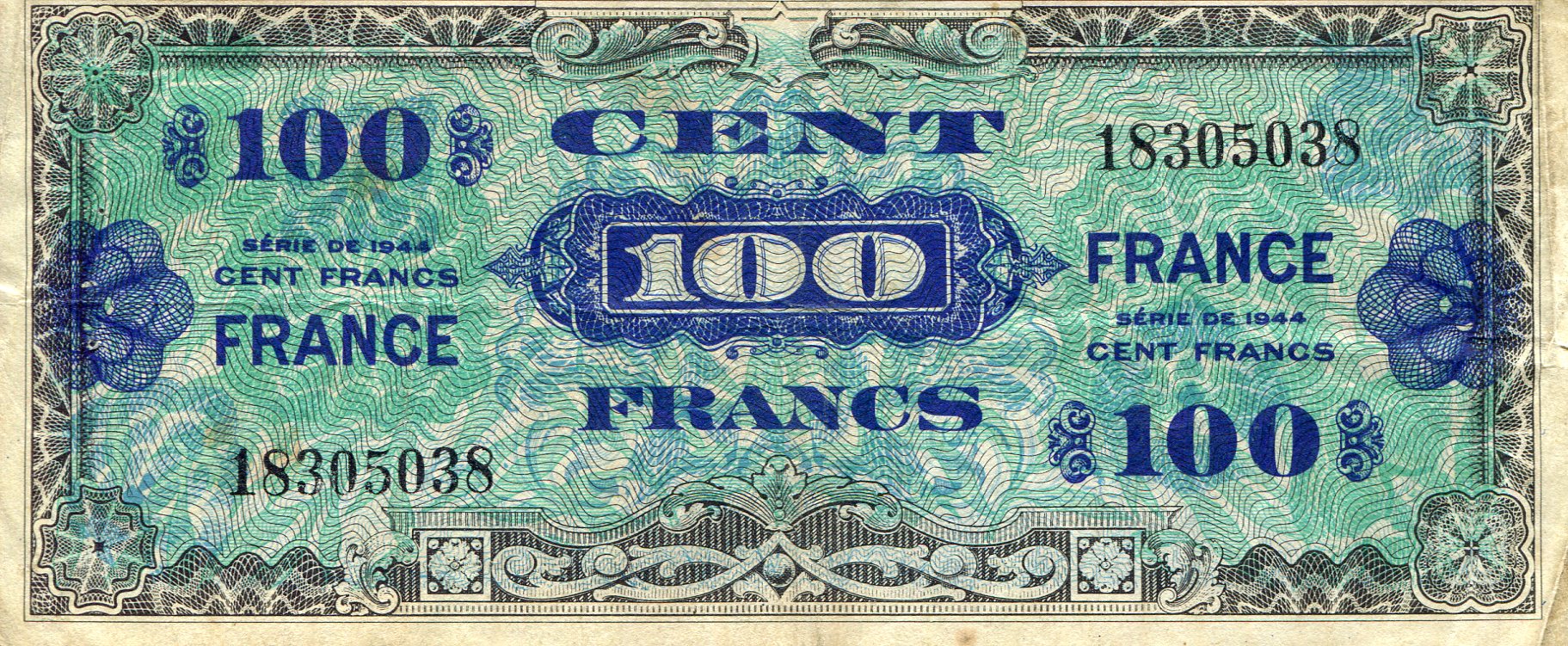 France 100 Francs VG (Stain - See large scan) pick #: 118