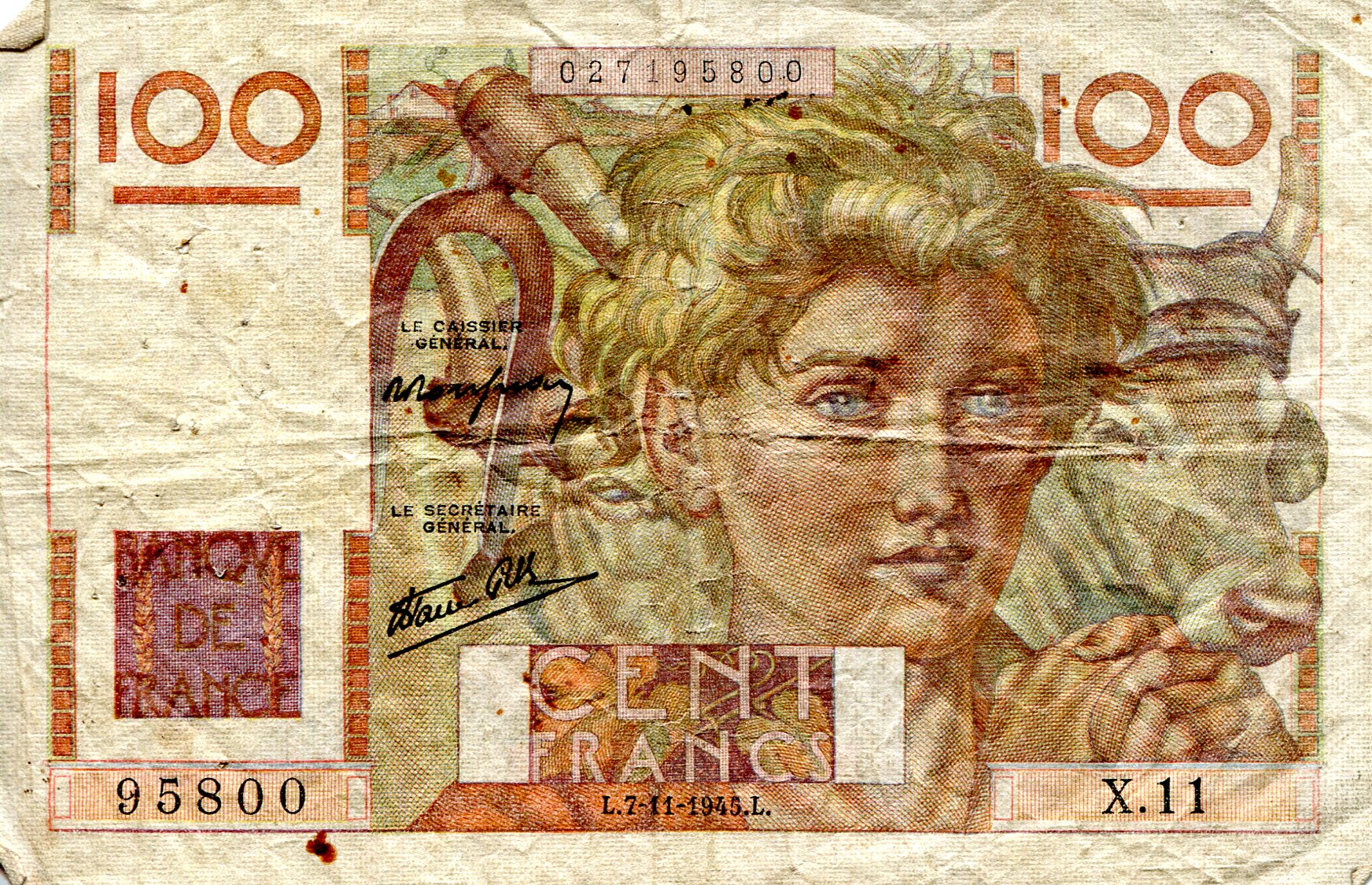 France 100 Francs VG (see large scan) small pinholes pick #: 128a