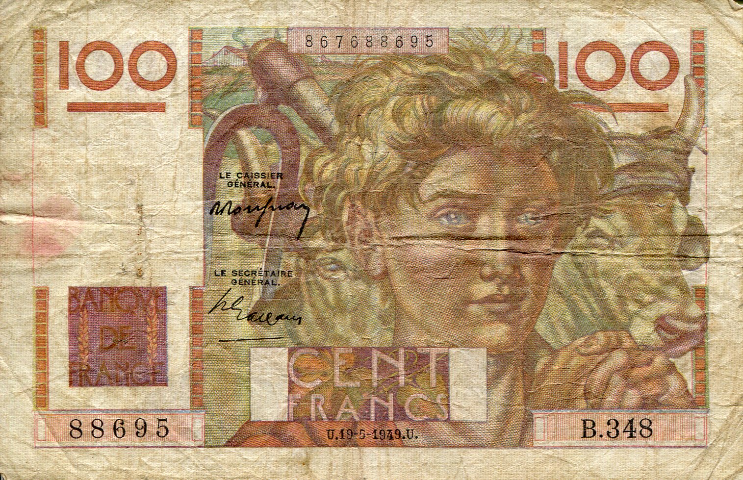 France 100 Francs VG (See large scan) pick #: 128b