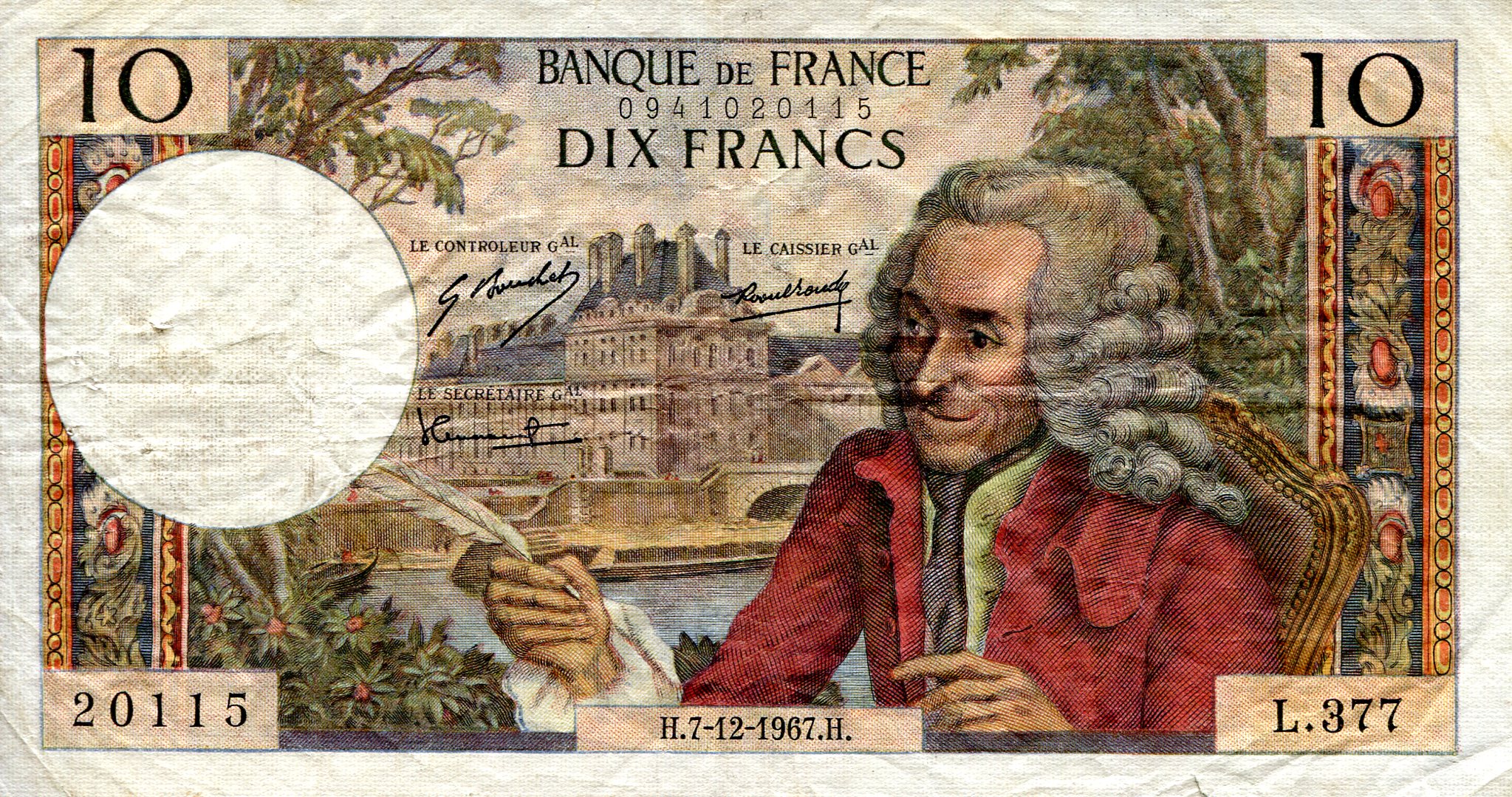 France 10 Francs F (See large scan - a few pinholes) pick #: 147c