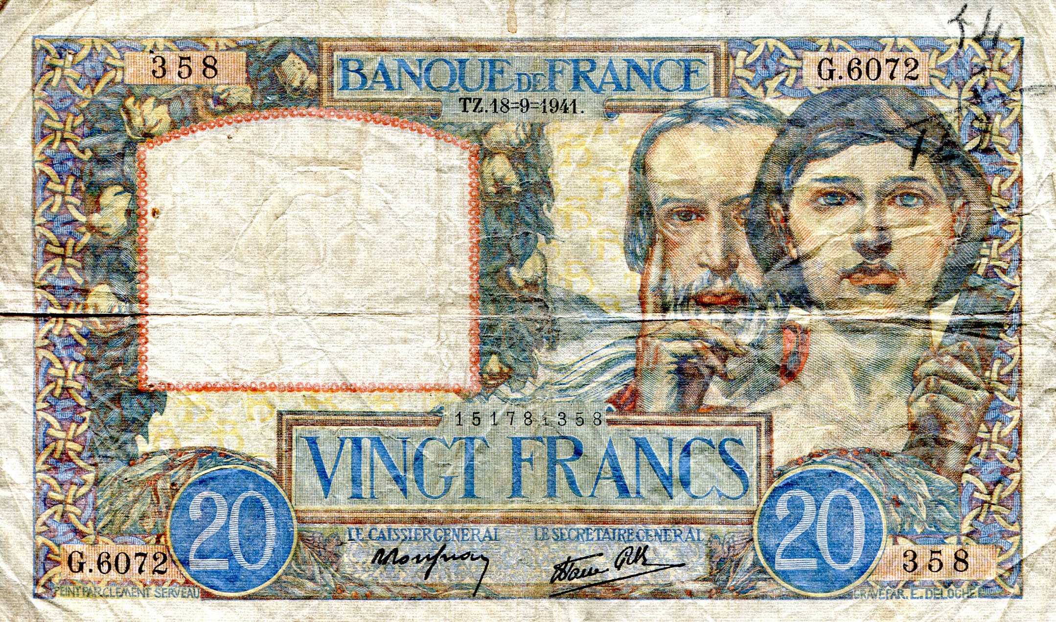 France 20 Francs F/VG (written on pin holes) pick #: 92b
