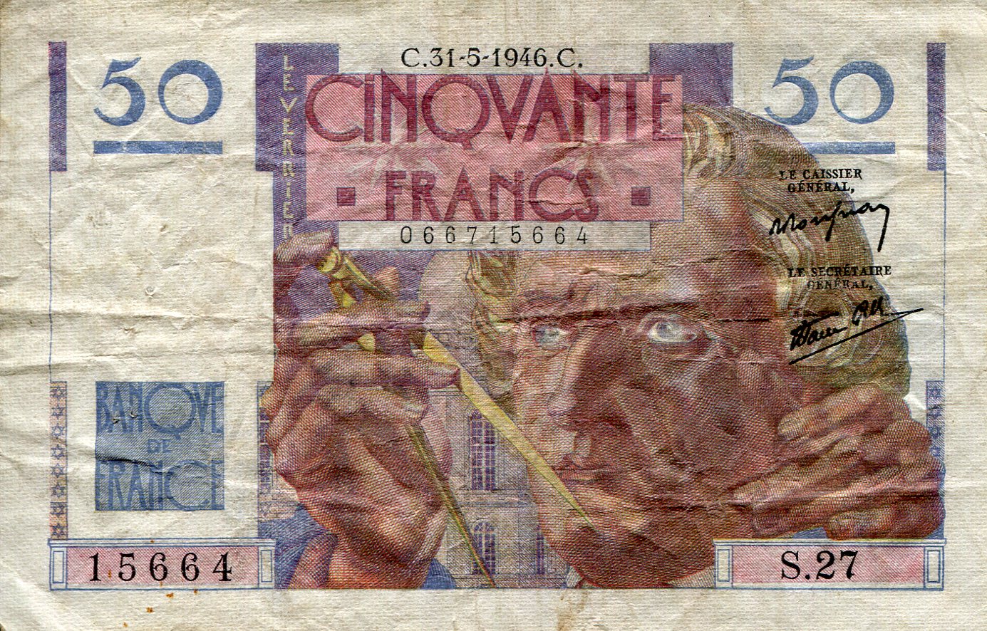 France 50 Francs VF/F (see large scan)  pick #: 127a