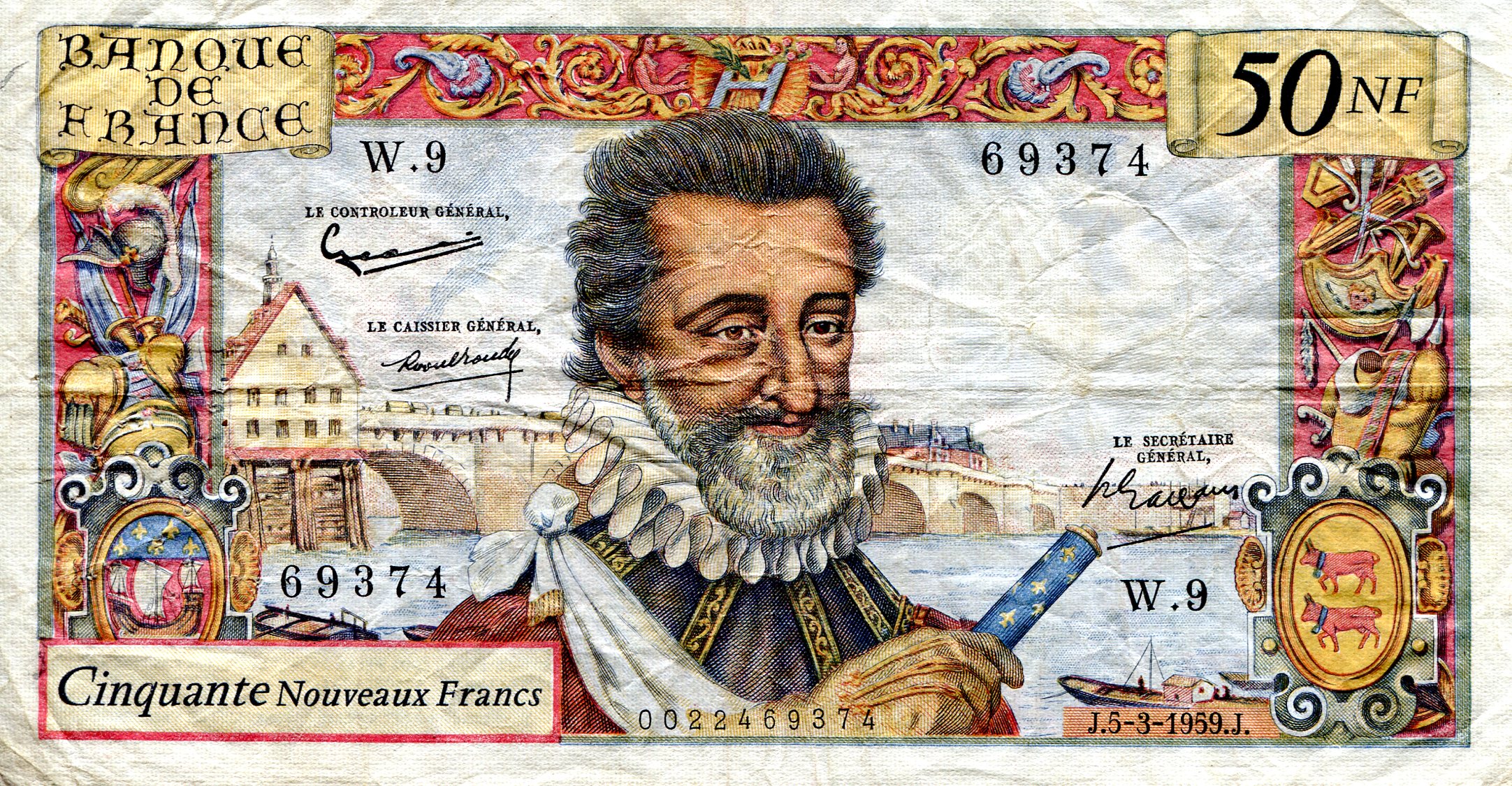France 50 Nouveaux Francs VF/F (see large scan) pick #: 143