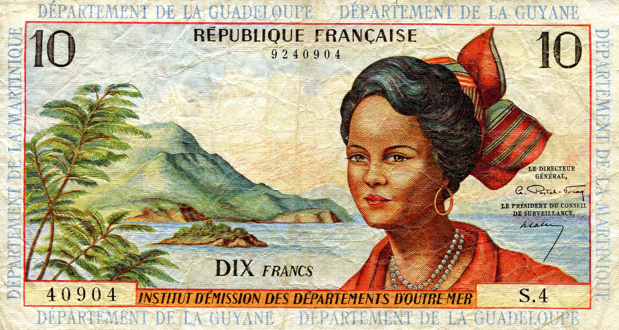 French Antilles 10 Francs F (see large scan) pick #: 8a