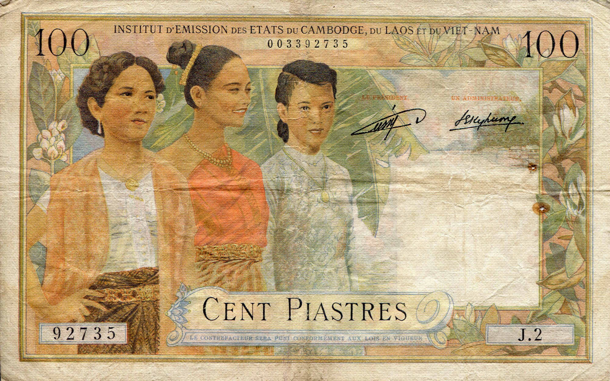 French Indochina 200100 Piastre F/VG (see Large scan) pick #: 103a