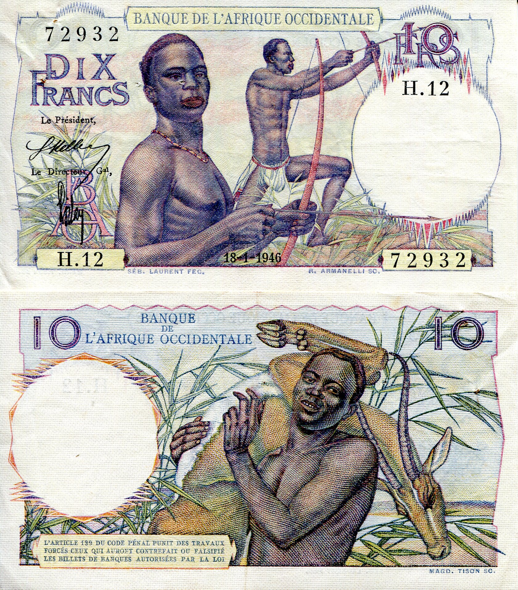 French West Africa  10 Francs VF (pin holes - see large scan) pick #: 37
