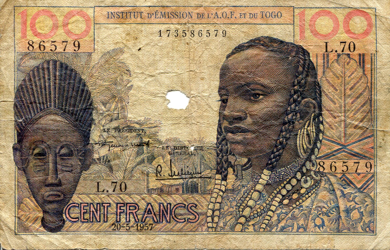 French West Africa  100 Francs G (see large scan - hole) pick #: 46b