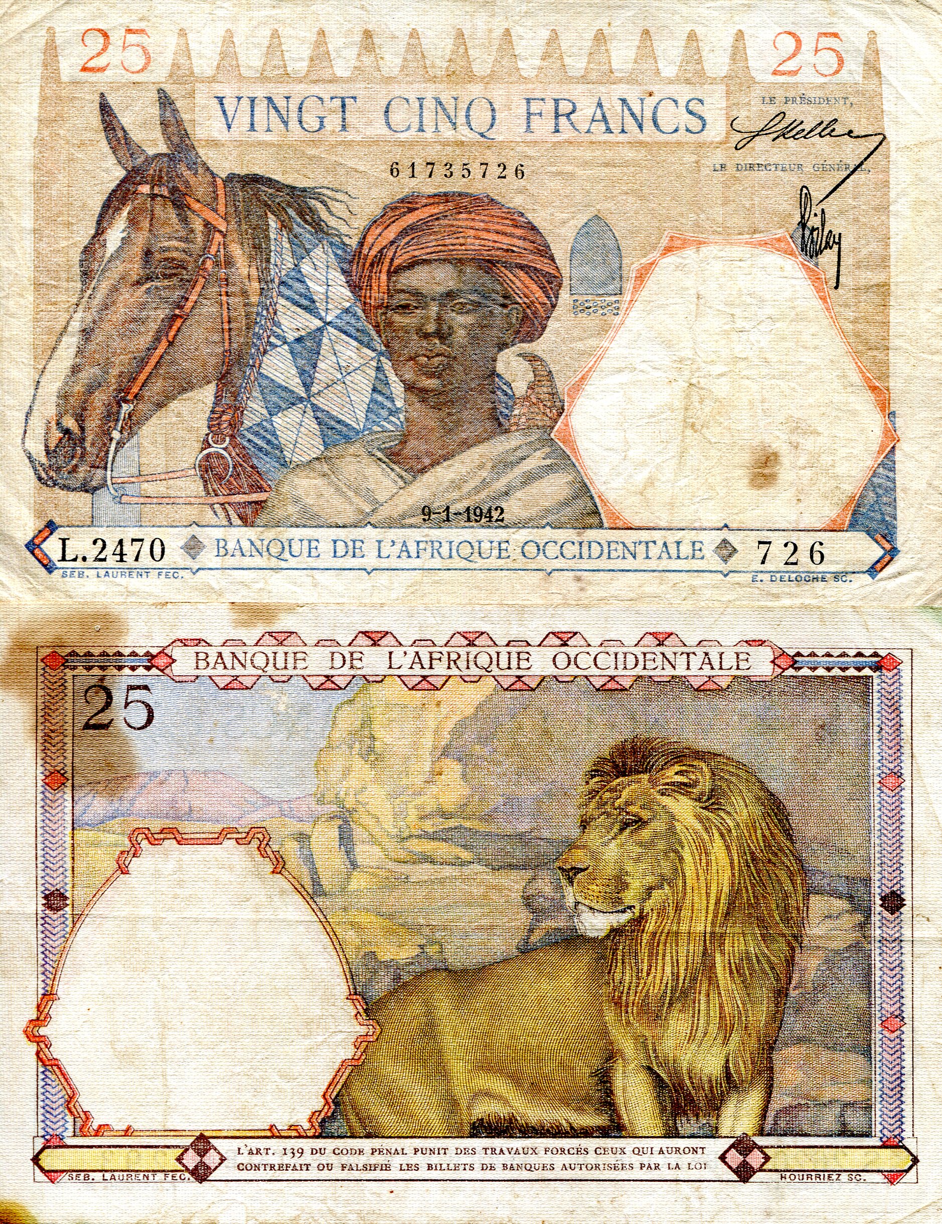 French West Africa  25 Francs VF/F (see large scan) pick #: 27