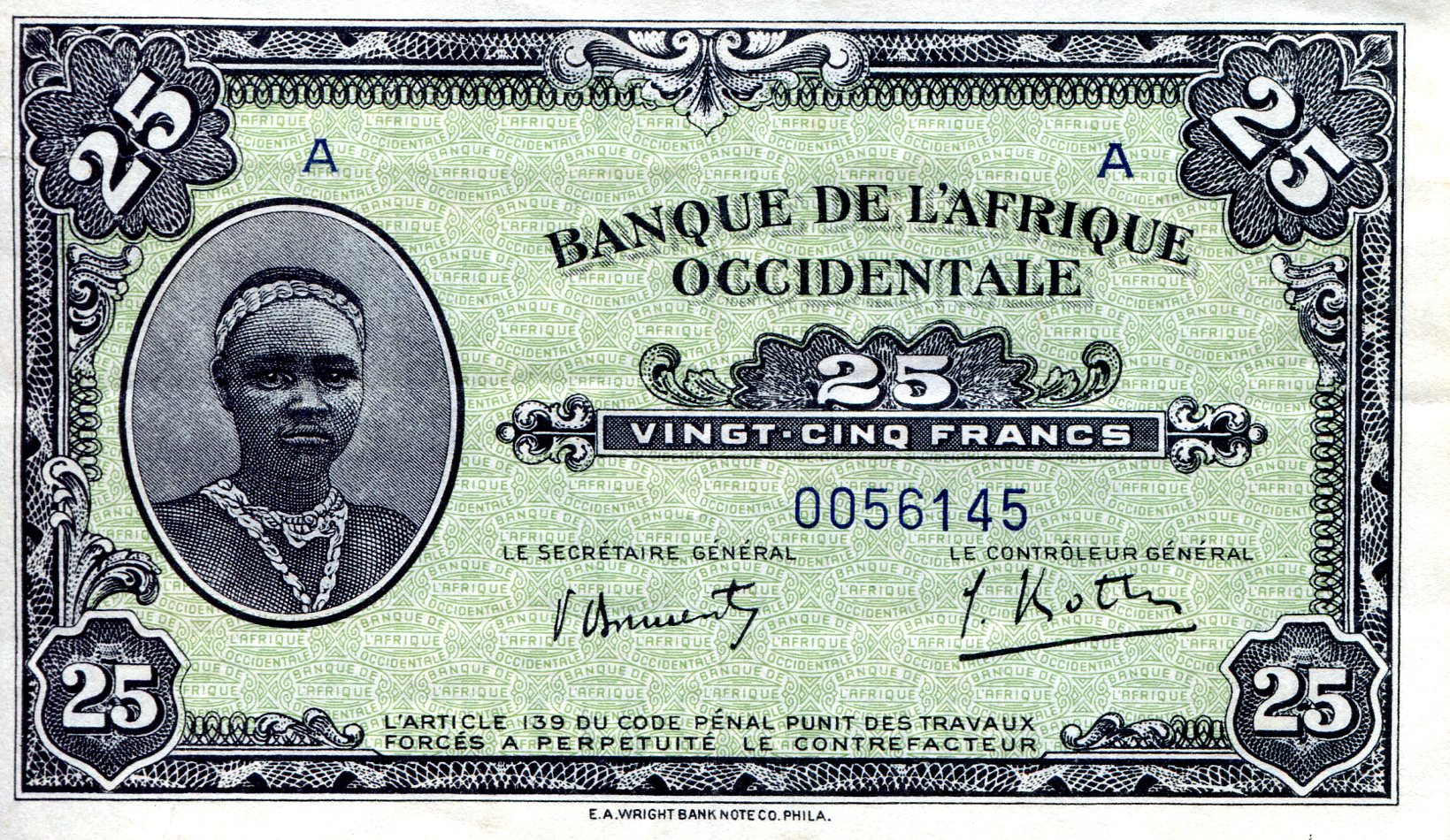 French West Africa  25 Francs VF+ pick #: 30b