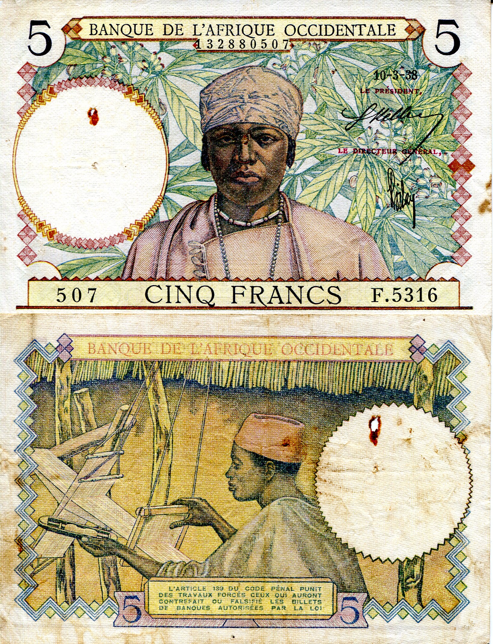 French West Africa  5 Francs VG (Small holes) pick #: 21