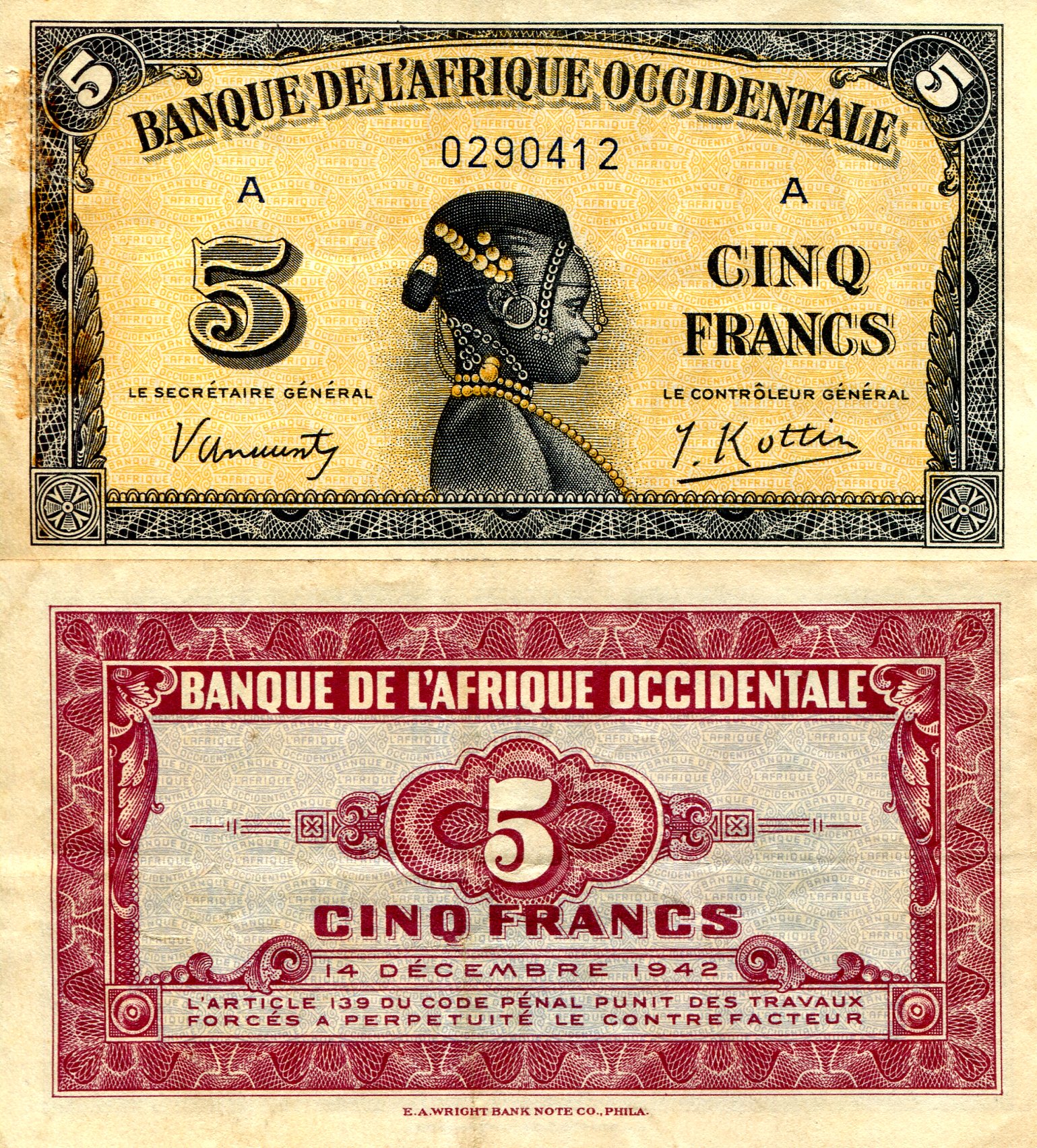 French West Africa  5 Francs F pick #: 28a
