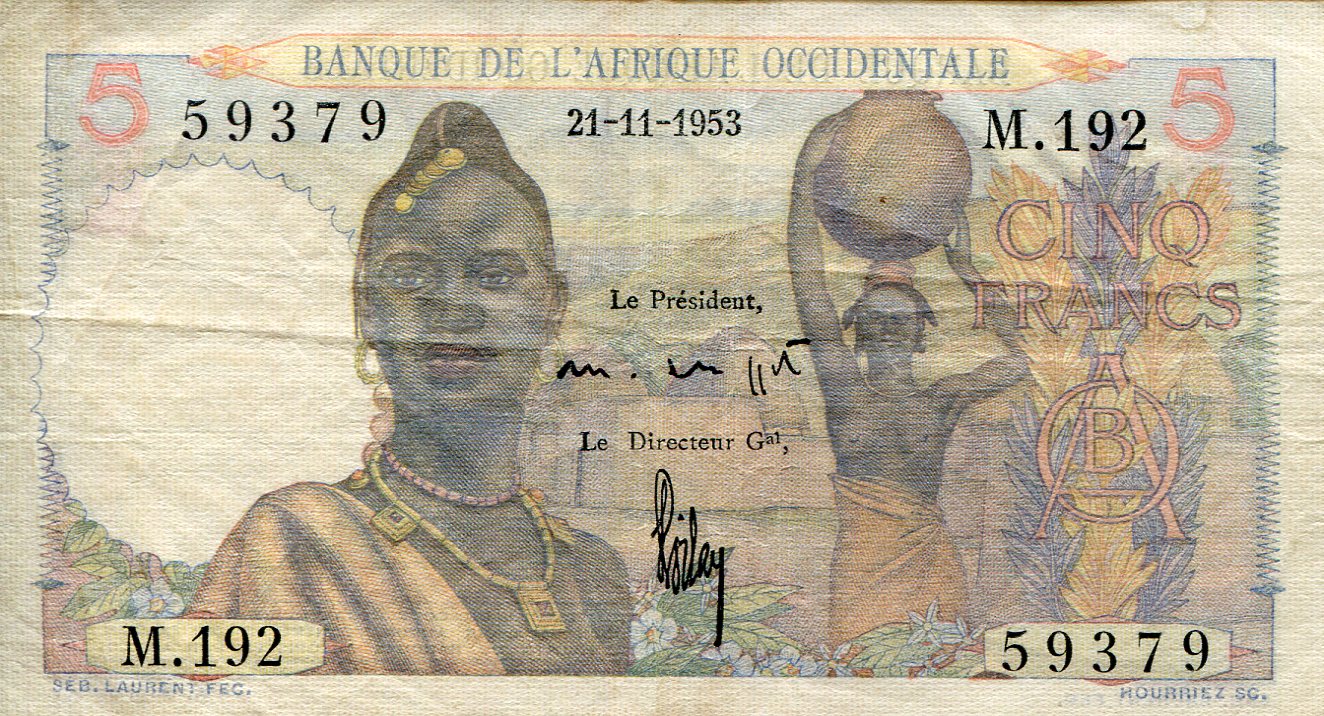 French West Africa  5 Francs VF/F (see large scan) pick #: 36m