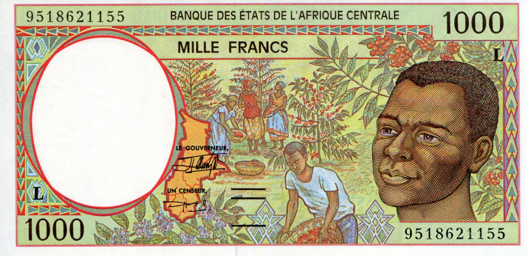 Gabon 1,000 Francs UNC (printed on thinner paper) pick #: 402Lc