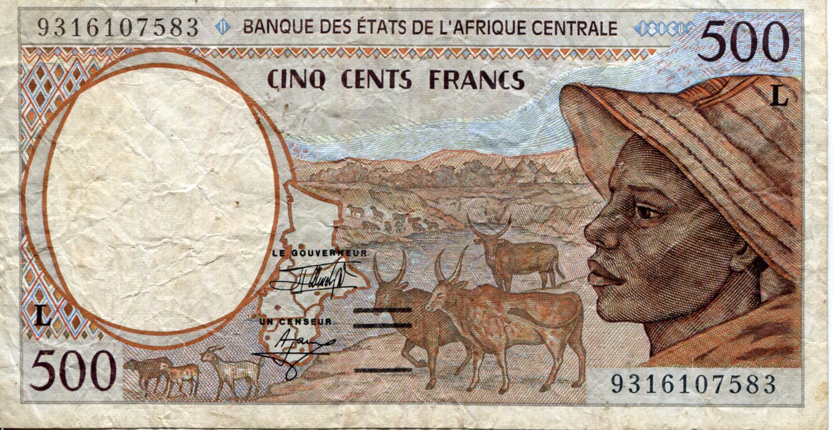 Gabon 500 Francs VG (See large scan) pick #: 401La