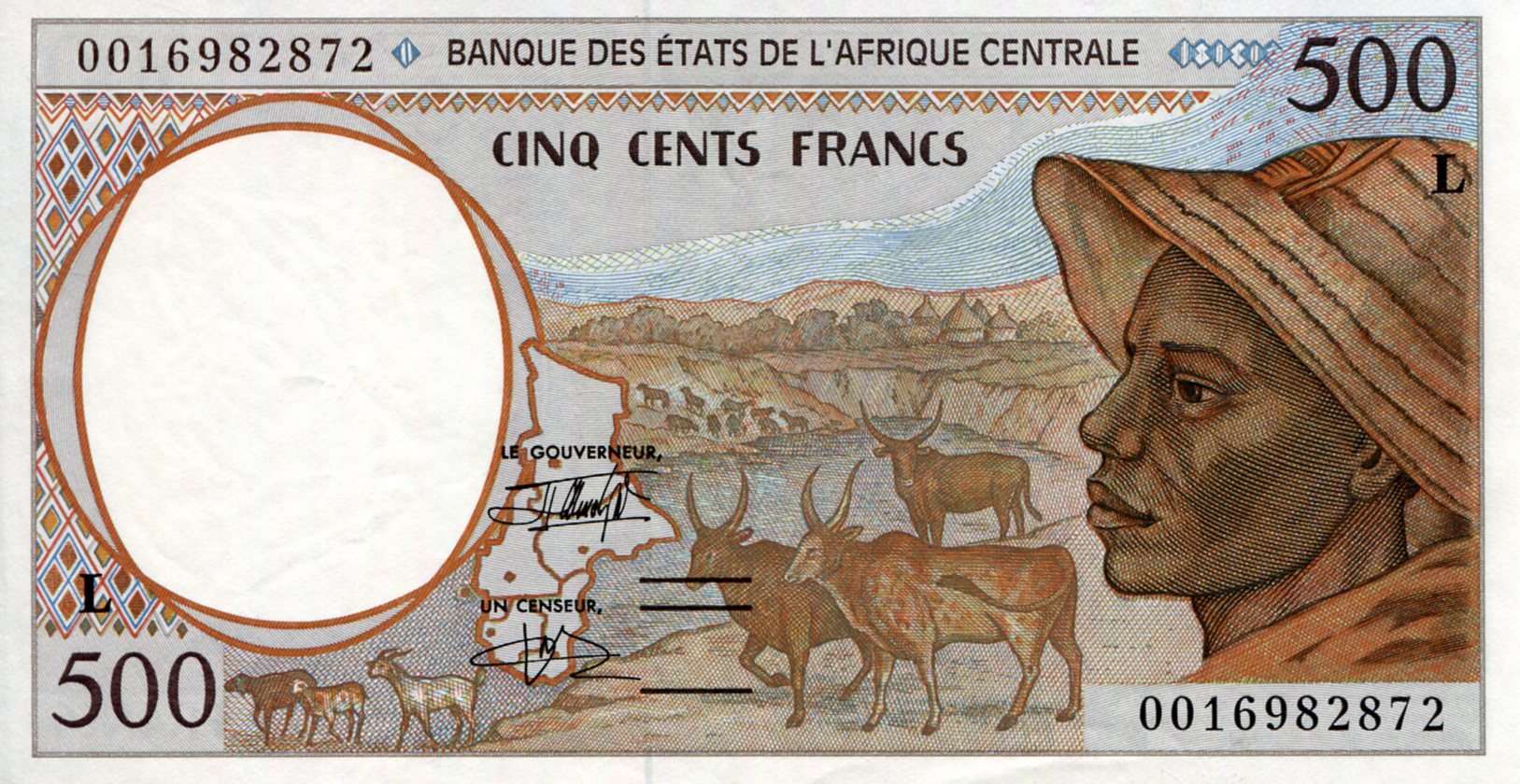 Gabon 500 Francs XF (See large scan) pick #: 401Lg