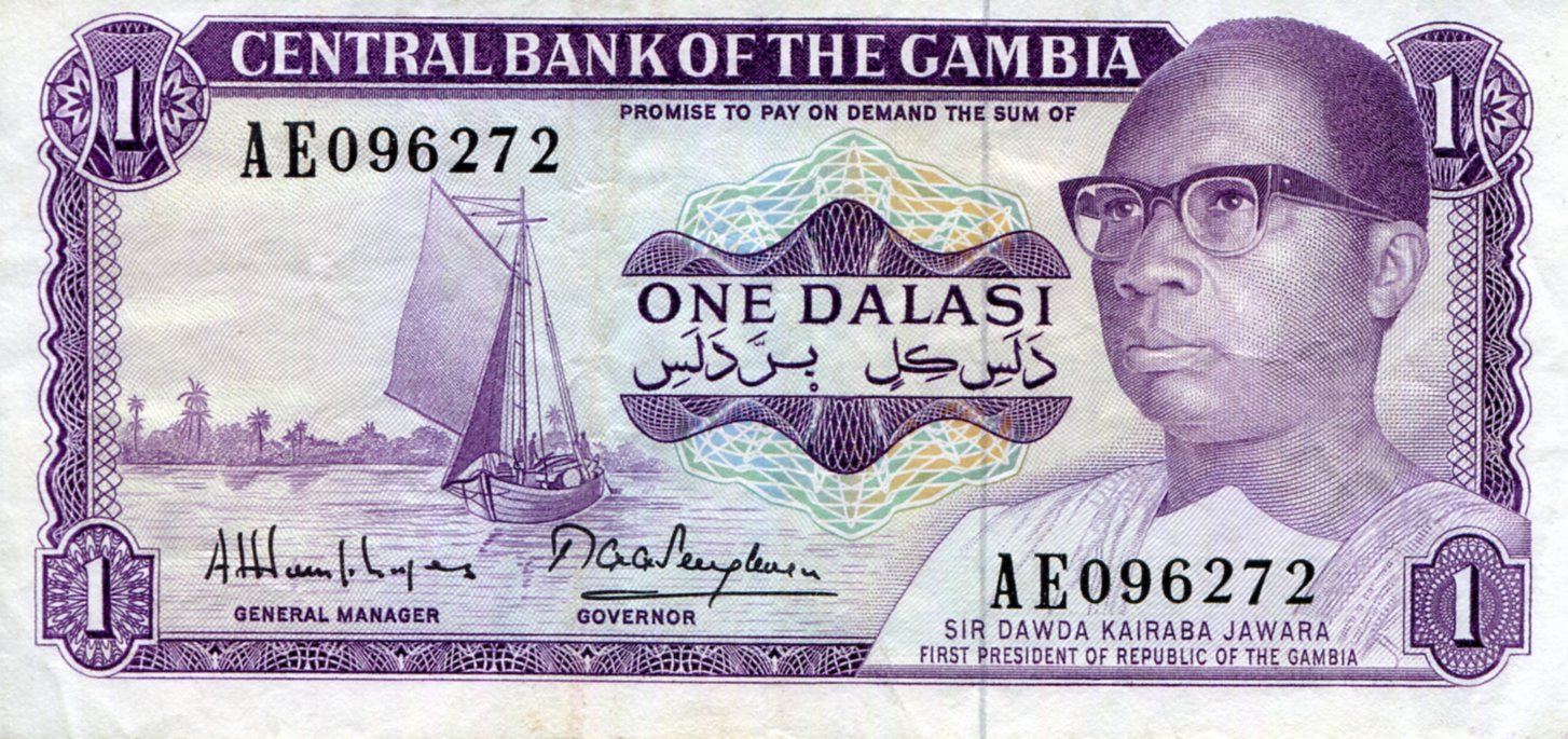 Gambia 1 Dalasi VF+ (see large scan) pick #: 4g