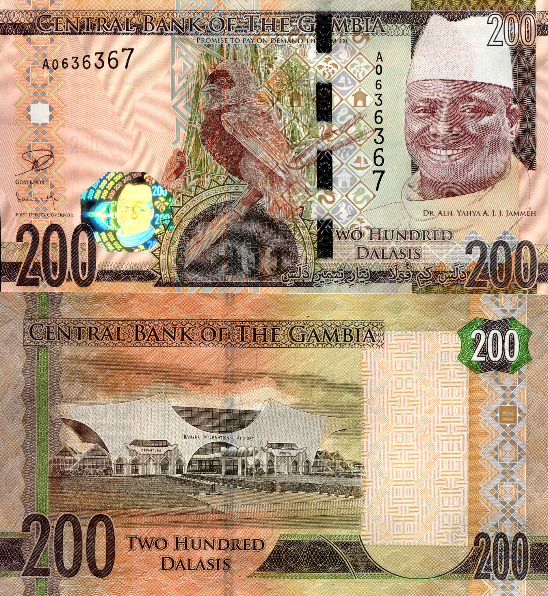 Gambia 200 Dalasi UNC pick #: 36