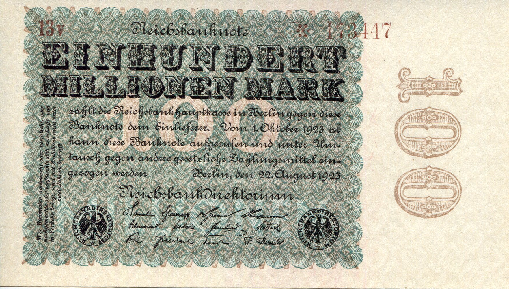 Germany 100 Marks aUNC/XF (see large scan) pick #: 107b