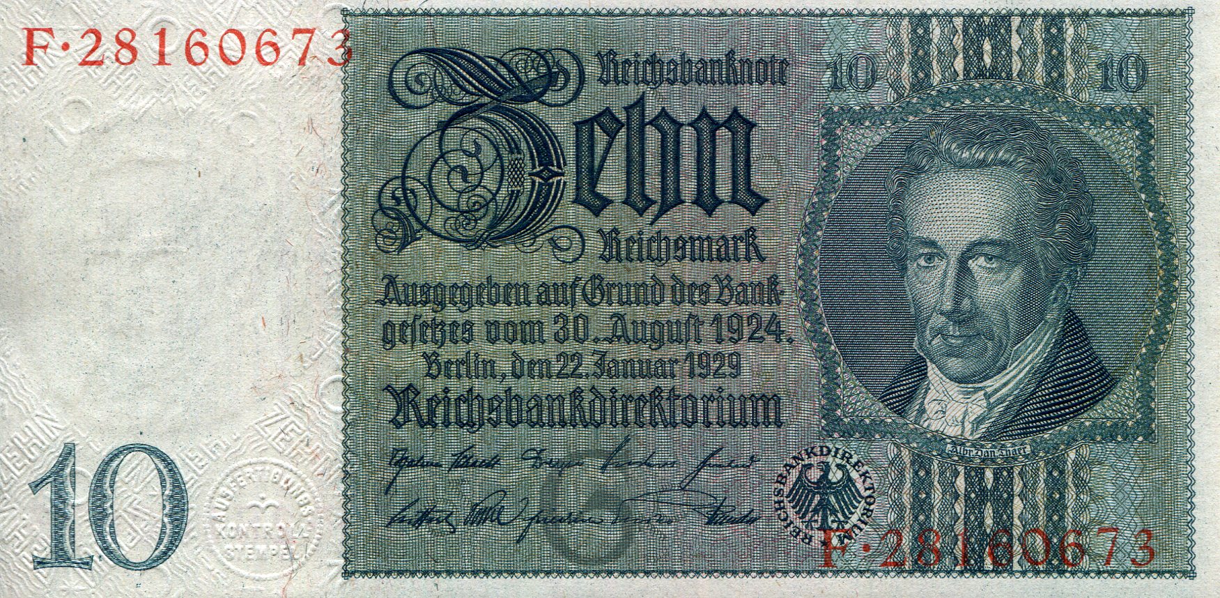 Germany 10 Reichmarks XF-/VF+ (see large scan) pick #: 180a