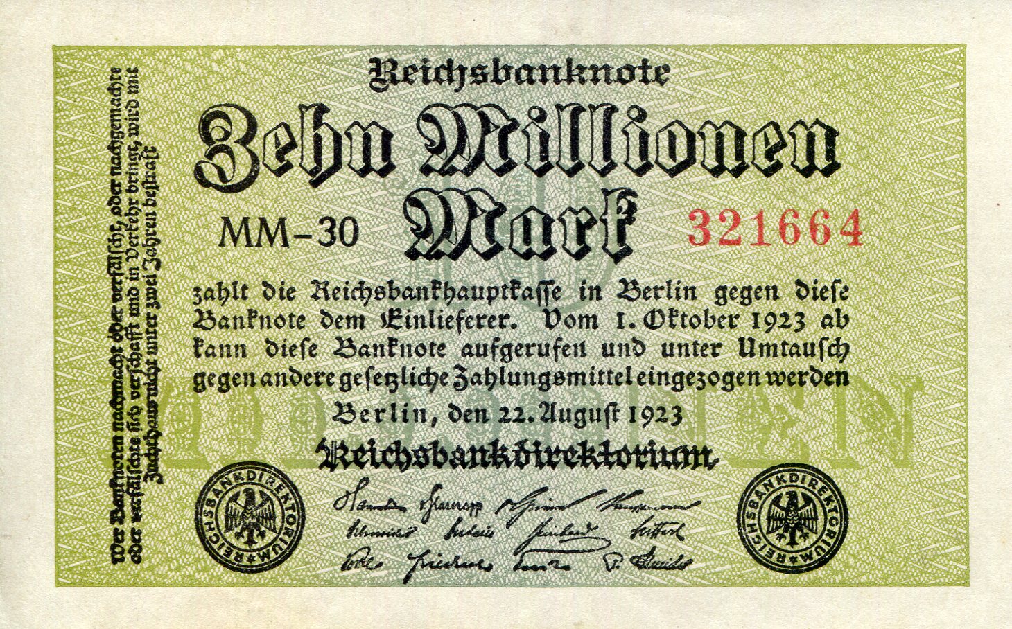 Germany 10 Million Marks aUNC/XF (see large scan) pick #: 106a