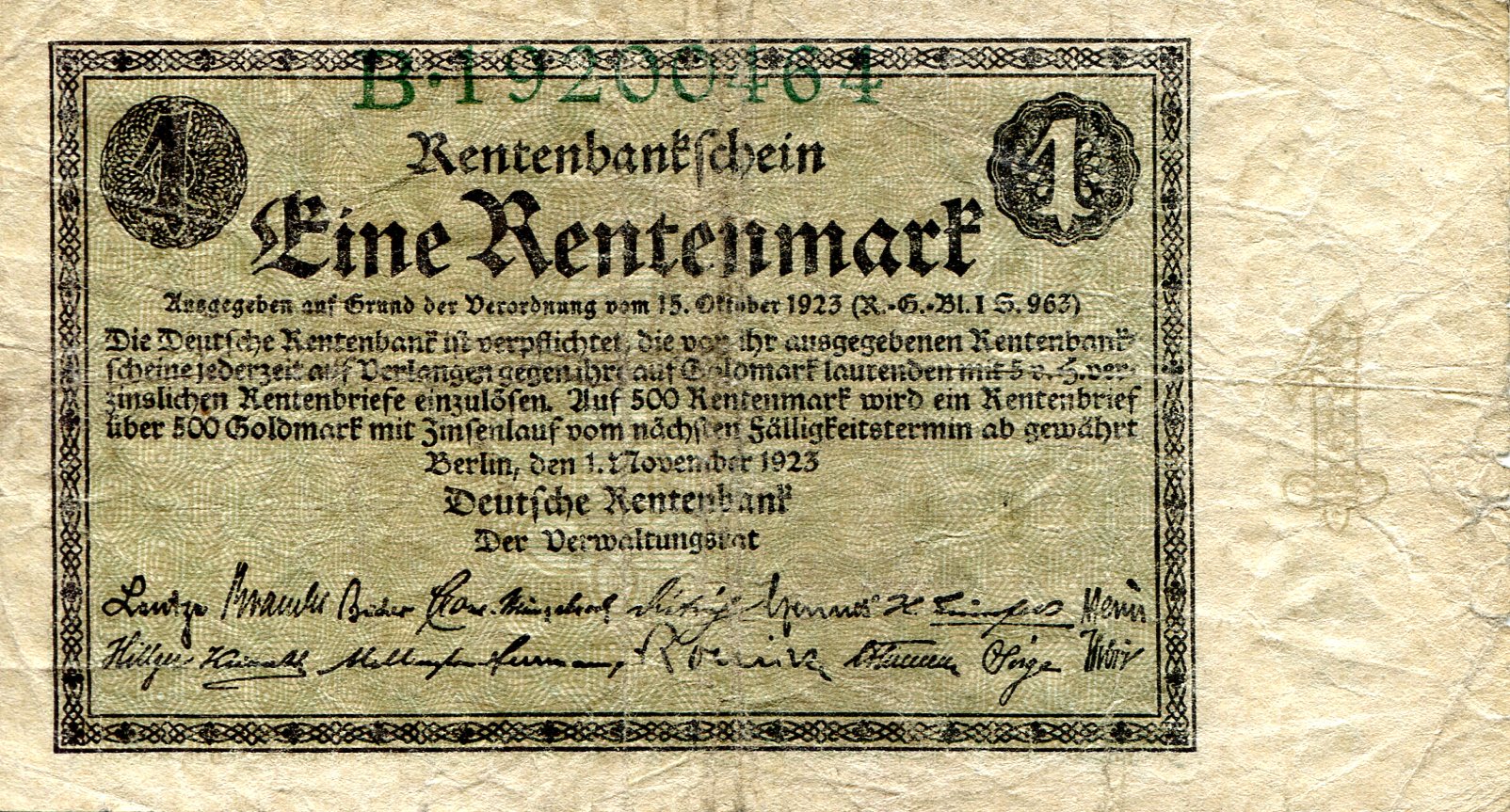 Germany 1 Rentenmark VG pick #: 161a