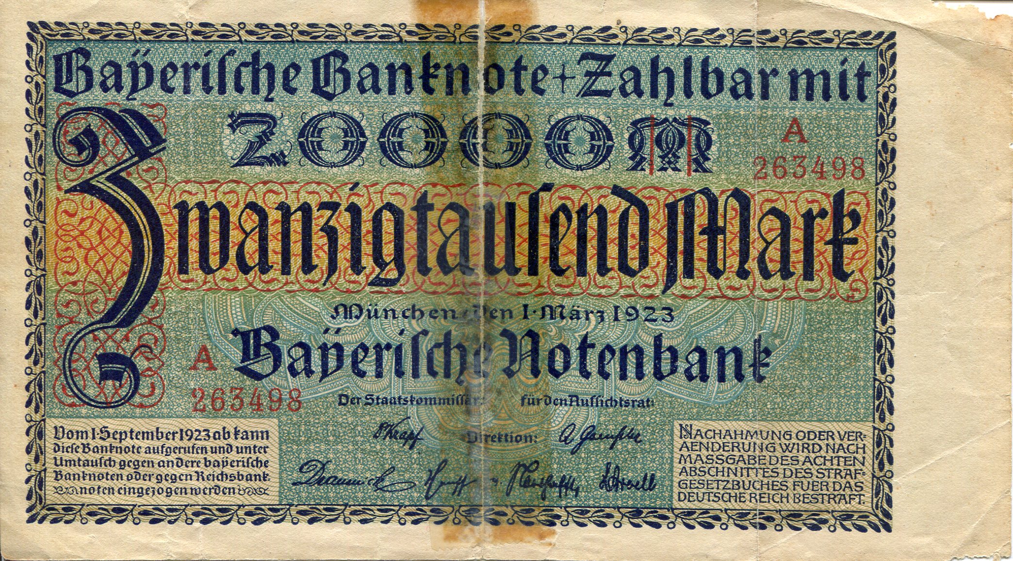 Germany 20,000 Marks G/Poor (see large scan - tape residue) pick #: S926a