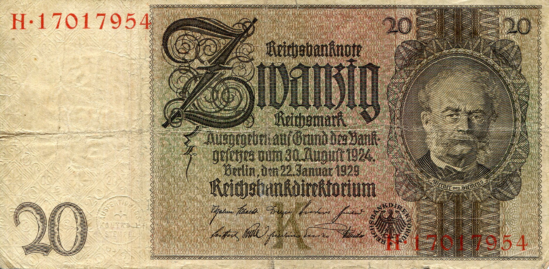 Germany 20 Reichmarks G (pieces tapes together) pick #: 181a